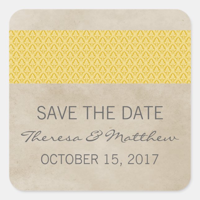 Yellow Rustic Damask Save the Date Stickers (Vorderseite)