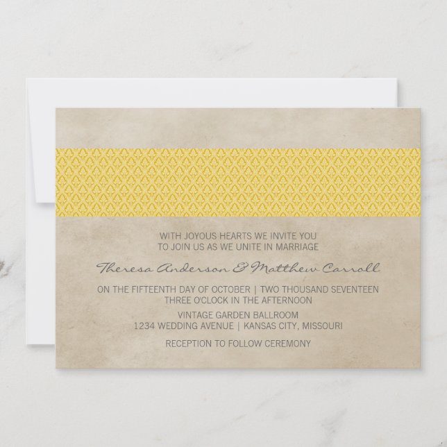 Yellow Rustic Damask Wedite Einladung (Vorderseite)
