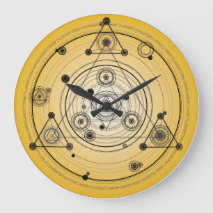 Yellow sacred geometry circle with alchemy symbols große wanduhr
