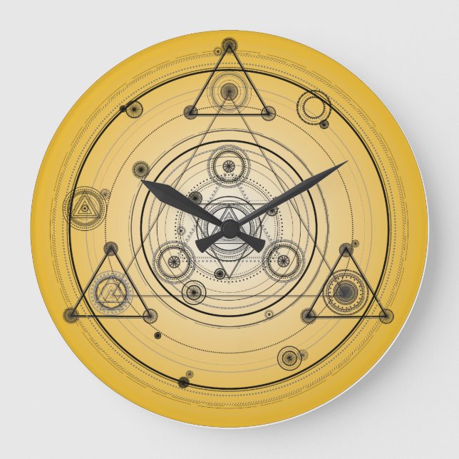 Yellow sacred geometry circle with alchemy symbols große wanduhr (Vorderseite)