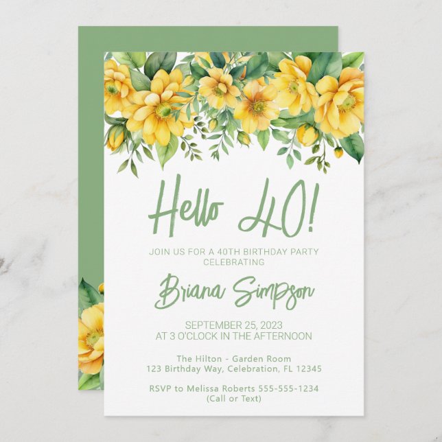Yellow Sage Green Floral 40th Birthday Party Einladung (Vorne/Hinten)