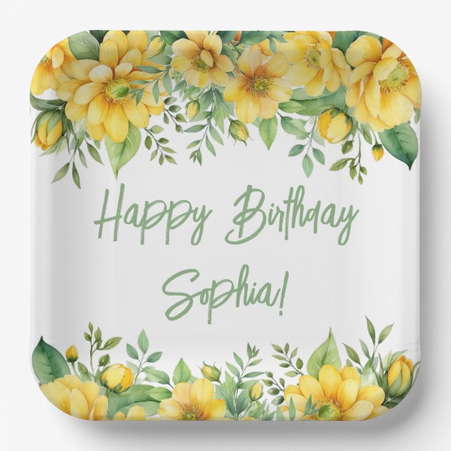 Yellow Sage Green Flowers Floral Party Napkins Pappteller (Vorderseite)