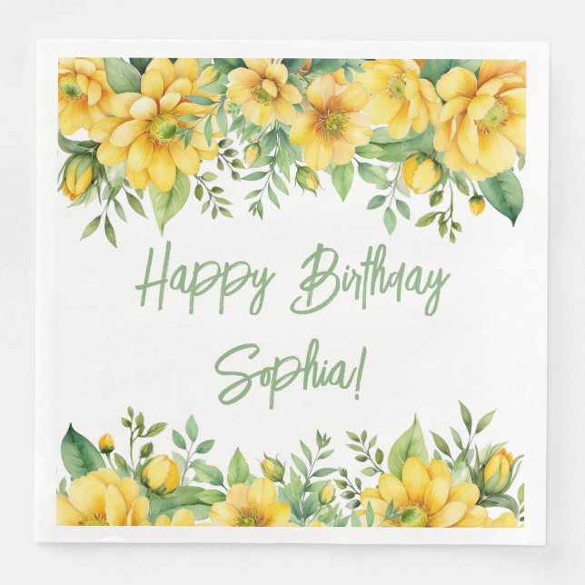 Yellow Sage Green Flowers Floral Party Napkins Serviette (Vorderseite)