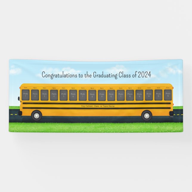 Yellow School Bus 16 Foto Custom Graduation Party Banner (Horizontal)