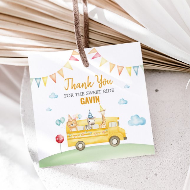 Yellow School Bus Geburtstagsparty Square Geschenkanhänger (School Bus Birthday Party Square Favor Tags)