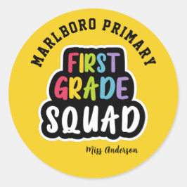 Yellow School Name First Grade Teacher Squad Runder Aufkleber