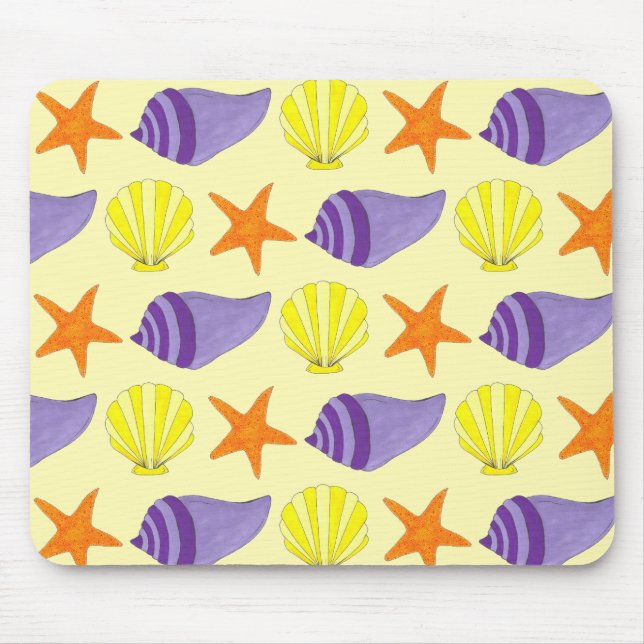 Yellow Seashell Sea Muscheln Conch Starfish Beach Mousepad (Vorne)