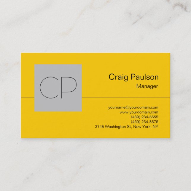 Yellow Silver Grey Chic Monogram Business Card Visitenkarte (Vorderseite)