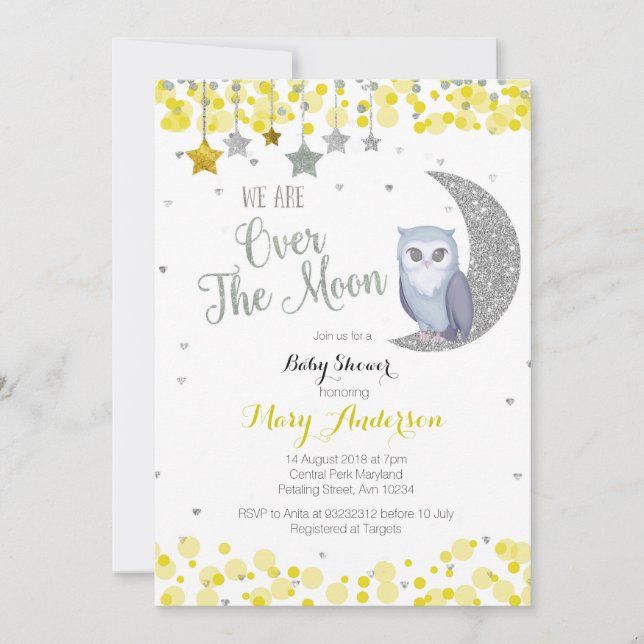 Yellow Silver Pink Owl Moon Babydusche Einladung (Vorderseite)