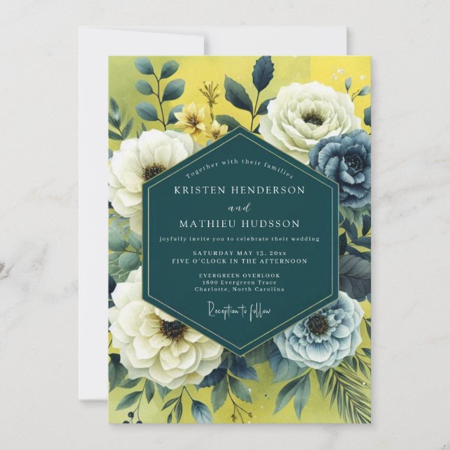 Yellow Slate Artistic Bloom Wedding Einladung (Vorderseite)