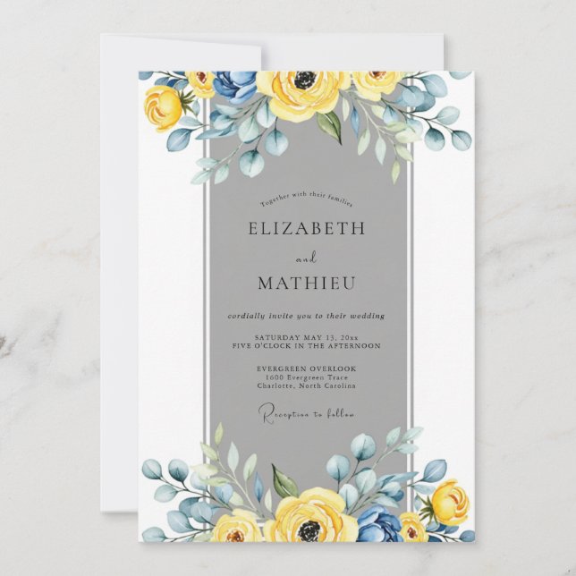 Yellow Slate Gray Elegant Spring Wedding Einladung (Vorderseite)