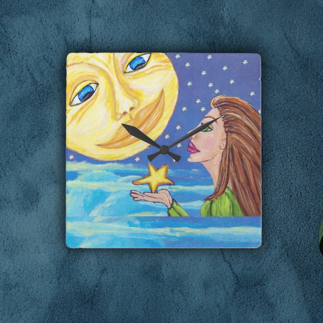 Yellow Smilam Moon Face Stars Fantasy Woman Quadratische Wanduhr (Woman holding star looking at yellow moon with face on blue night sky clouds on wall square clock.)