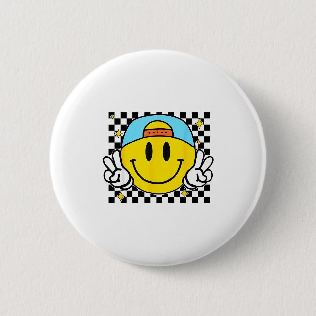 Yellow Smile Face Cute Checkered Peace Smiling Hap Button (Vorderseite)