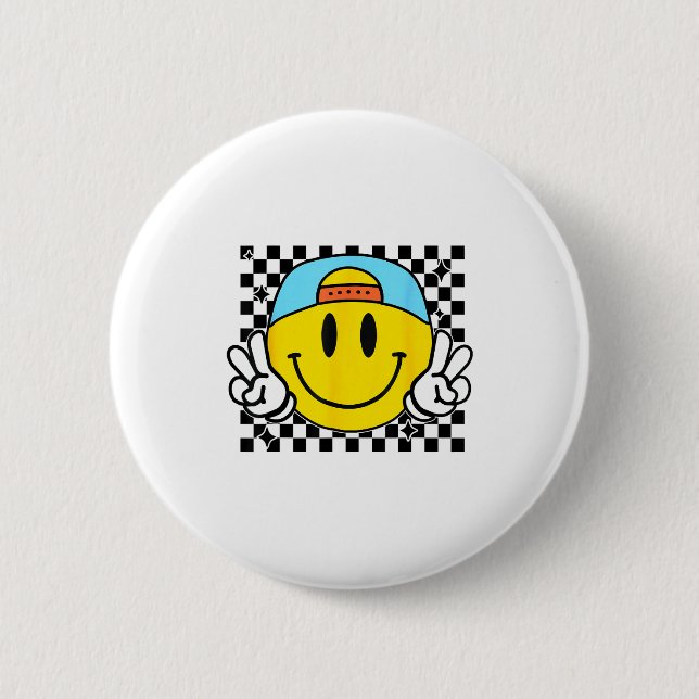 Yellow Smile Face Cute Checkered Peace Smiling Hap Button (Vorderseite)