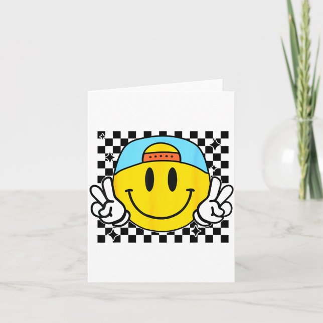 Yellow Smile Face Cute Checkered Peace Smiling Hap Karte (Vorderseite)