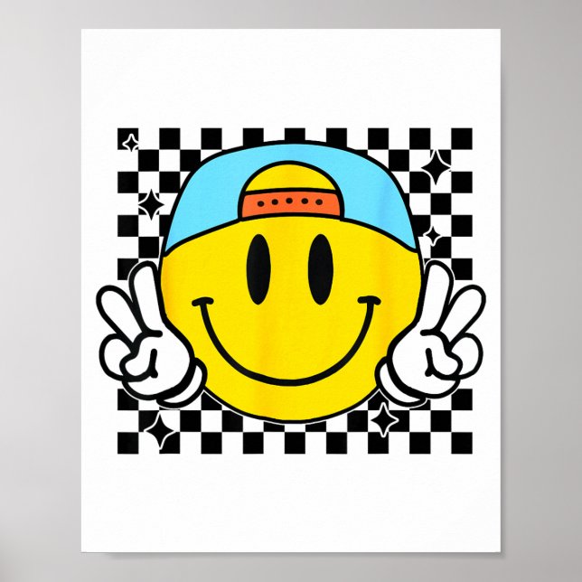 Yellow Smile Face Cute Checkered Peace Smiling Hap Poster (Vorne)