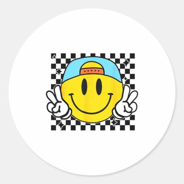 Yellow Smile Face Cute Checkered Peace Smiling Hap Runder Aufkleber (Vorderseite)