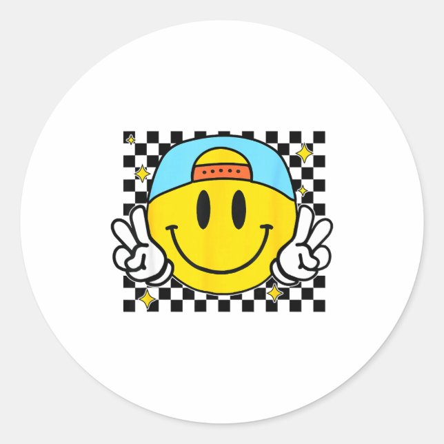 Yellow Smile Face Cute Checkered Peace Smiling Hap Runder Aufkleber (Vorderseite)