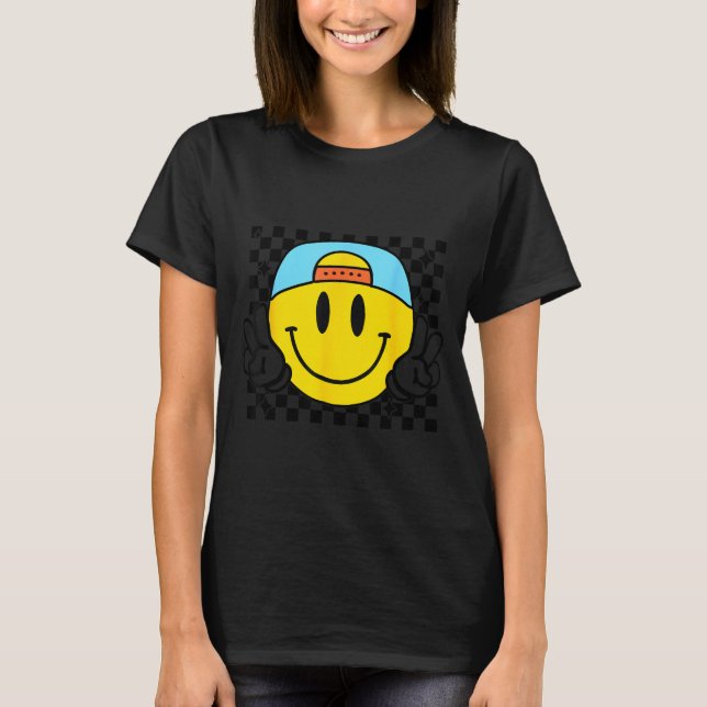 Yellow Smile Face Cute Checkered Peace Smiling Hap T-Shirt (Vorderseite)