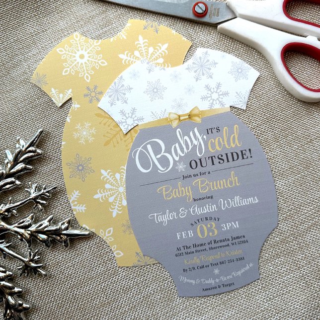 Yellow Snowflake Dusche für einen Babykarosseriean Einladung (DIY Cut Out Your Own Baby Bodysuit Shape Invite, Baby It's Cold Outside, yellow Gray, gender neutral)