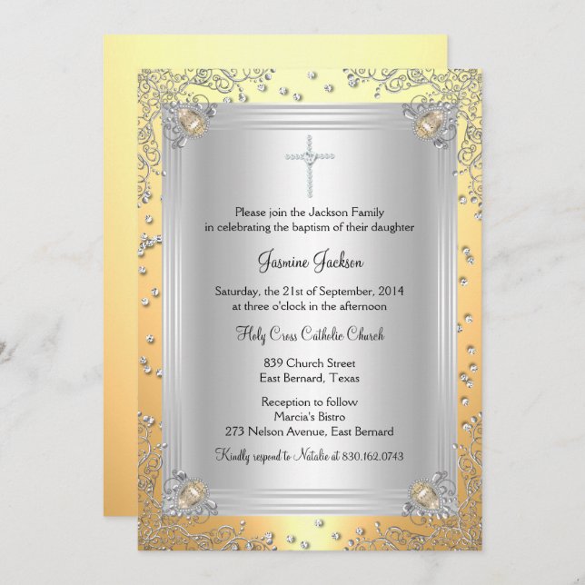 Yellow Sparkle Jewel Baptisse/Christening Invite Einladung (Vorne/Hinten)