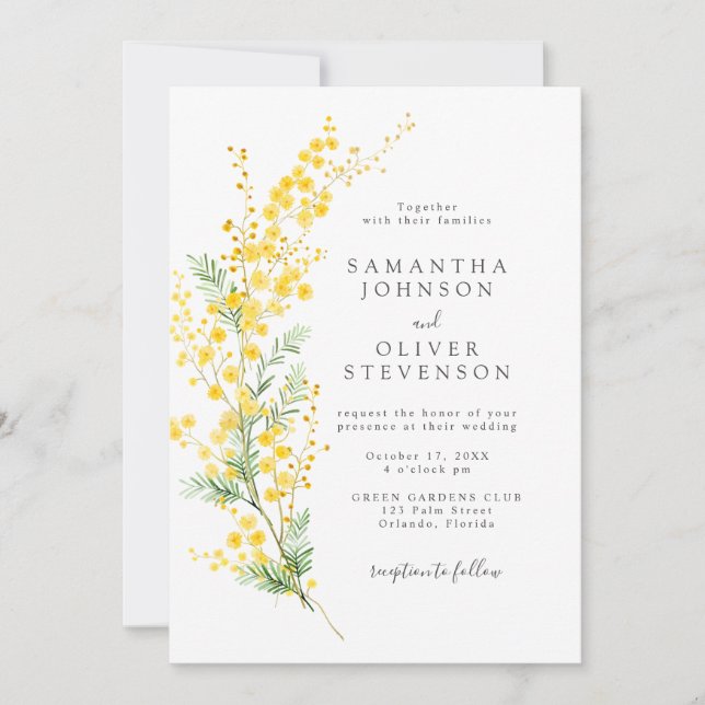 Yellow Spring Mimosa Wattle Blume Chic Wedding Einladung (Vorderseite)
