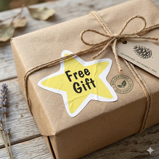 Yellow Star “Free Gift” Packaging Eco-Friendly Lab Stern-Aufkleber (Von Creator hochgeladen)
