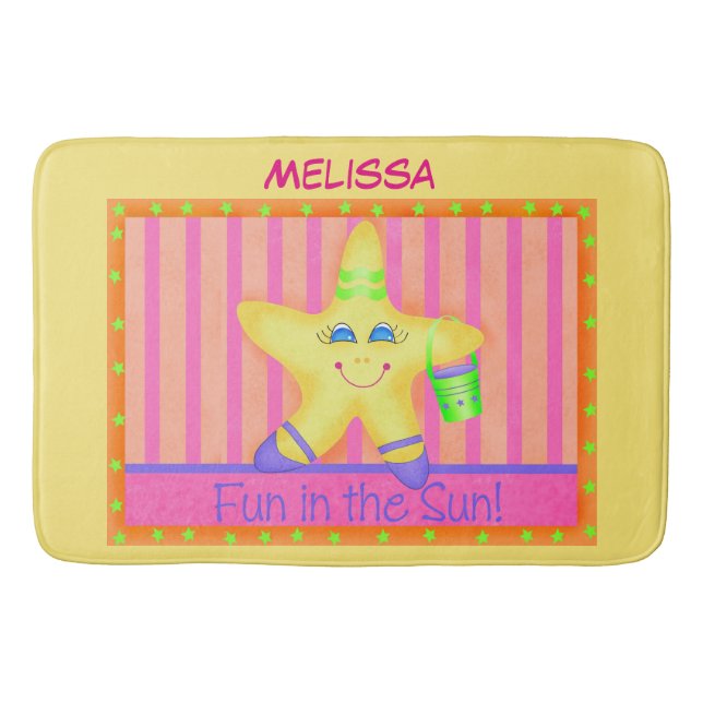Yellow Starfish Fun in Sun Beach Name Personalisie Badematte (Vorderseite)