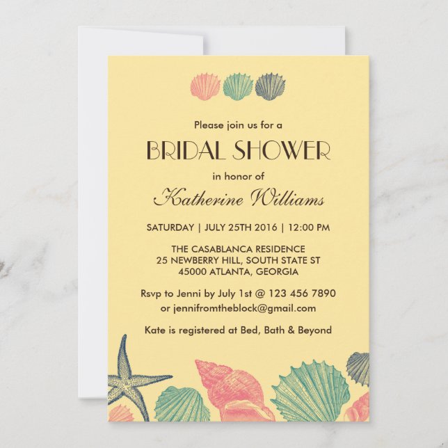 Yellow Starfish Seashells Bridal Dusche Einladung (Vorderseite)