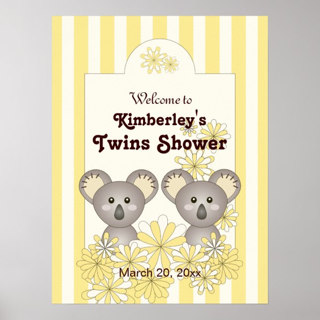 Yellow Stripe Baby Koala Twin Kids Party Willkomme Poster (Vorne)