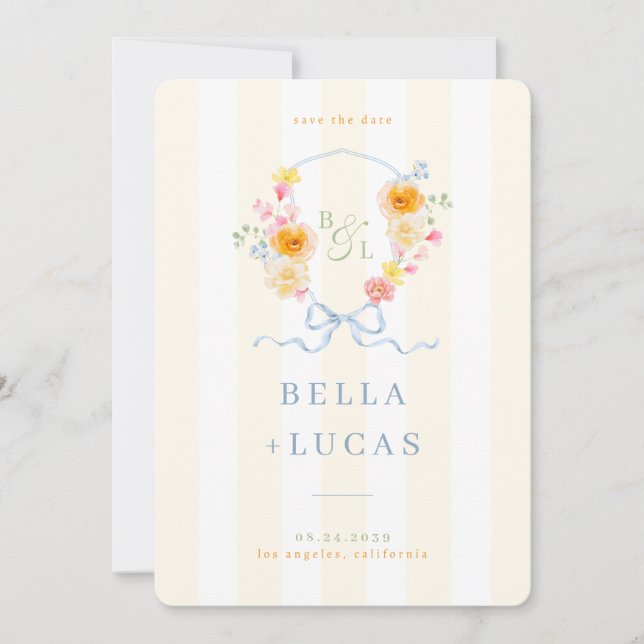 Yellow Stripe Floral Crest Monogram Spring Wedding Save The Date (Vorderseite)