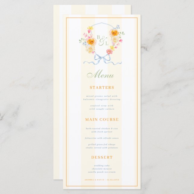 Yellow Stripes & Floral Crest Spring Wedding Menu Menükarte (Vorne/Hinten)