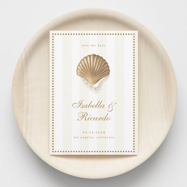 Yellow Stripes Gold Seashell Coastal Wedding Save The Date (Von Creator hochgeladen)