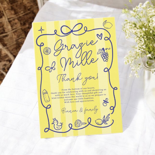 Yellow Stripes Italienische Kinderdusche Ciao Dankeskarte (Yellow Stripes Italian-Themed Ciao Baby Shower Thank You Card)