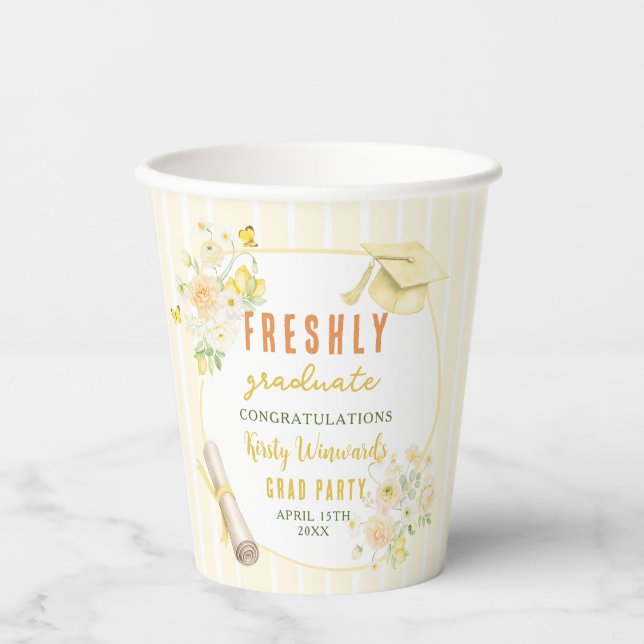 Yellow Stripes Lemons and Flowers Grad Paper Cups Pappbecher (Vorderseite)