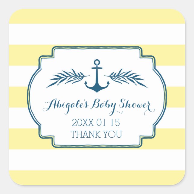 Yellow Stripes Nautical Baby Dusche Gefälligkeitsa Quadratischer Aufkleber (Vorderseite)