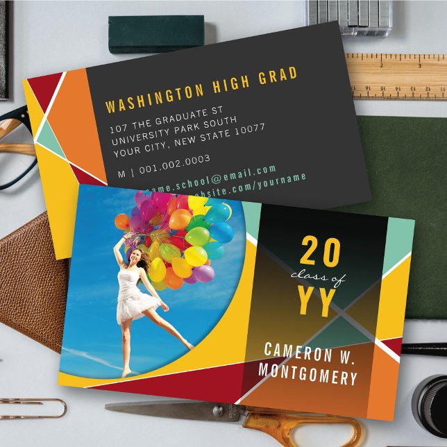 Yellow Stylish Geometric Lines Mod Foto Graduate Telefonnummerkarte (Yellow Stylish Geo Criss Cross Photo Graduation Calling Card by fat*fa*tin)