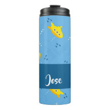 Yellow submarine and fish on blue