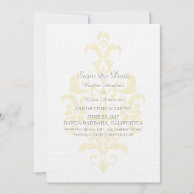 Yellow Subtle Damask Save the Date einladen Einladung (Vorderseite)