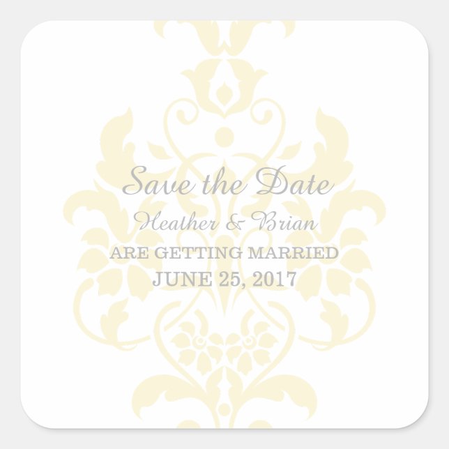 Yellow Subtle Damask Save the Date Stickers (Vorderseite)