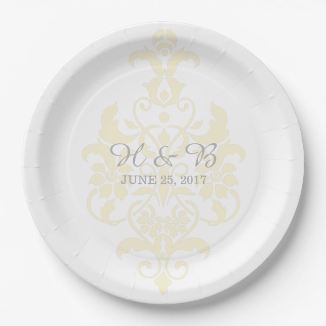 Yellow Subtle Damask Wedding Paper Teller (Vorderseite)