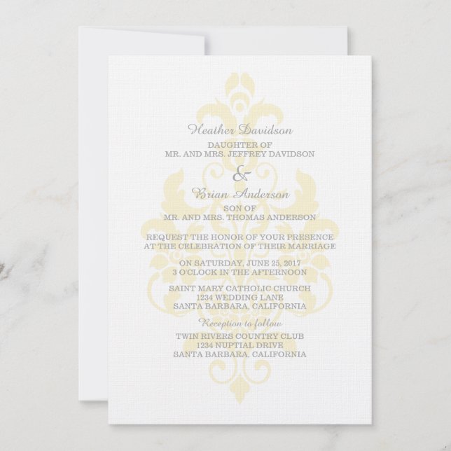 Yellow Subtle Damask Wedite Invite Einladung (Vorderseite)