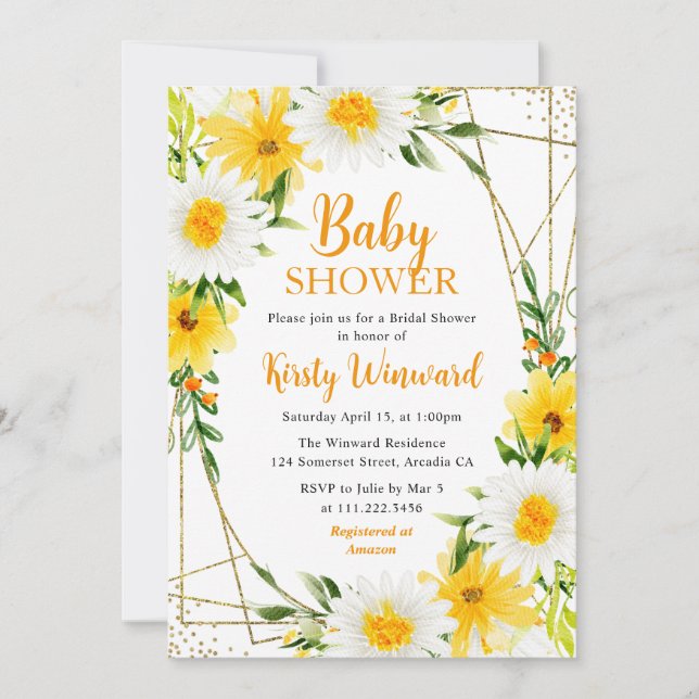 Yellow Summer Blume & Gold Frame Baby Dusche Einladung (Vorderseite)