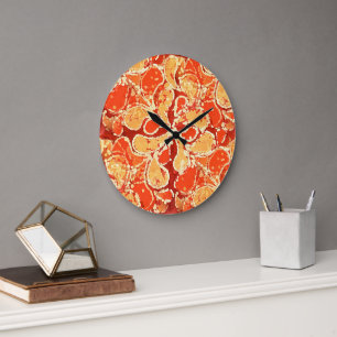 Yellow Summer Orange Bali Batik Art Paisley Große Wanduhr