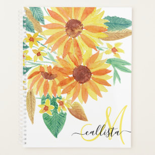 Yellow Summer Sunflower Watercolor Monogram Planer