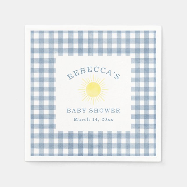 Yellow Sun Blue Gingham Boy Baby Shower Serviette (Vorderseite)