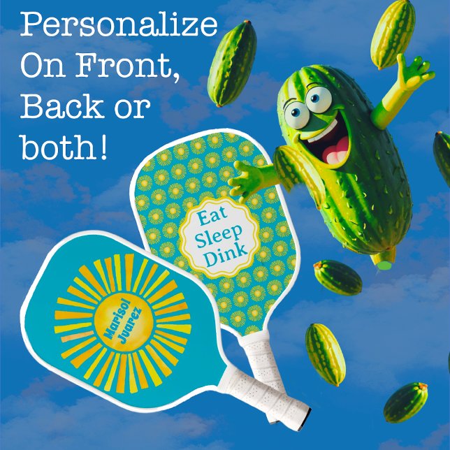 Yellow Sun Caribbean Blue Pickleball Paddel Pickleball Schläger (Personalize both sides of this Caribbean Blue and golden retro sun designs with name or message!)