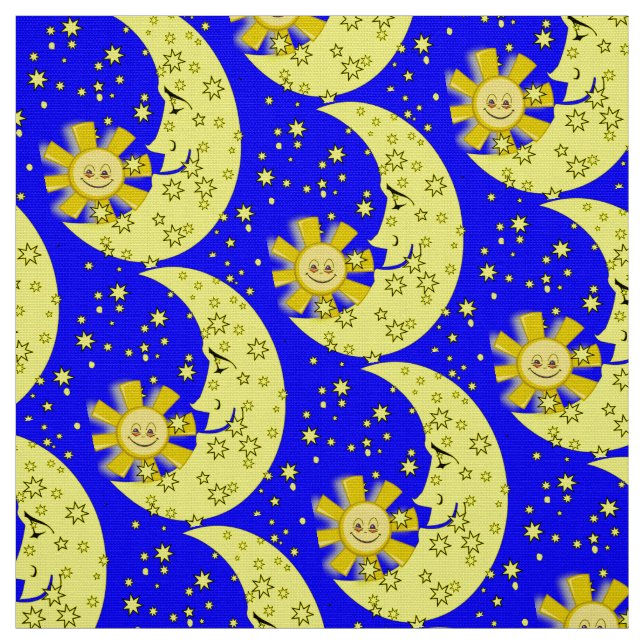 Yellow Sun Moon Stars Blauer Stoff (Muster)