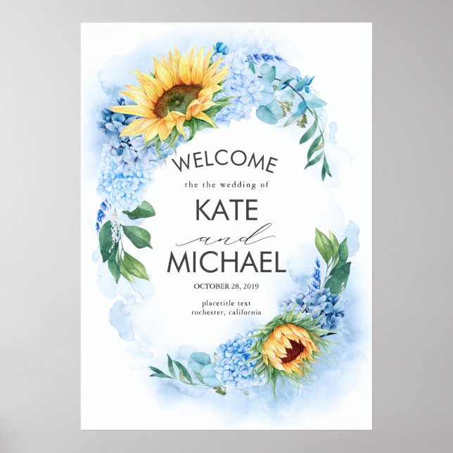 Yellow Sunblumen und Dusty Blue Hydrangea Wedding Poster (Vorne)