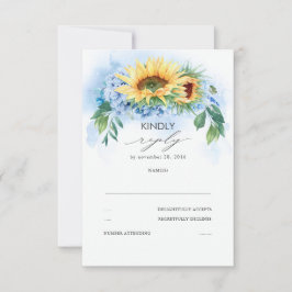 Yellow Sunblumen und Dusty Blue Hydrangea Wedding RSVP Karte